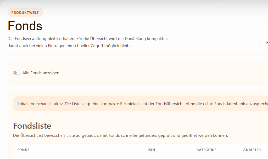Fondsübersicht in Portfolio Planer